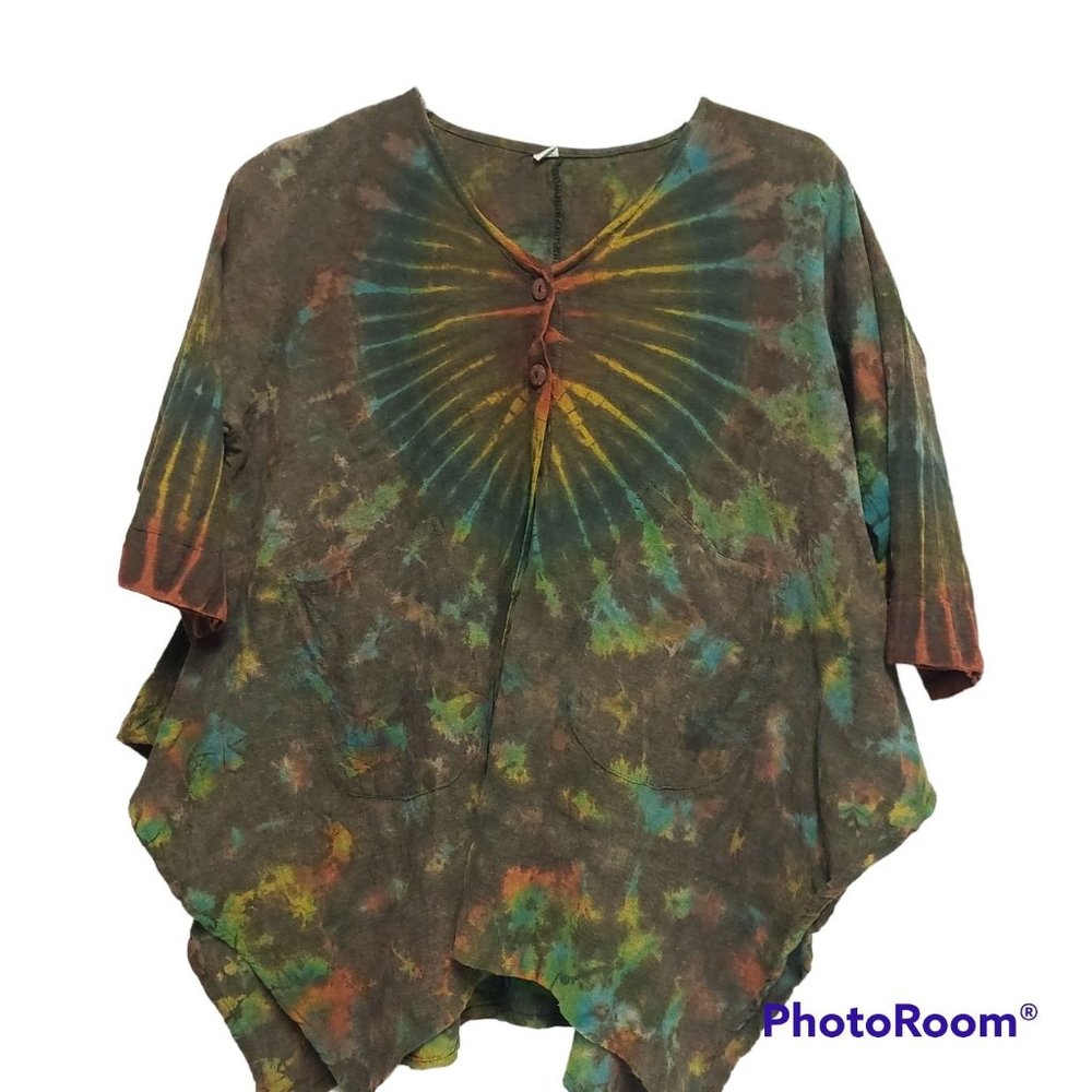 Womens flowy 100% cotton tie die button down pockets blouse handkerchief